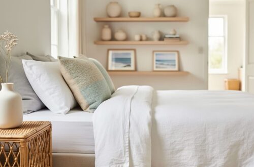 Sunlit coastal-style living room vignette featuring white linen bedding, a rattan side table, and an organic ceramic vase in muted sea-glass and sand tones.