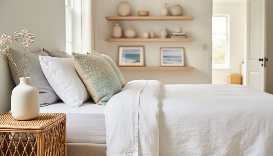 Sunlit coastal-style living room vignette featuring white linen bedding, a rattan side table, and an organic ceramic vase in muted sea-glass and sand tones.