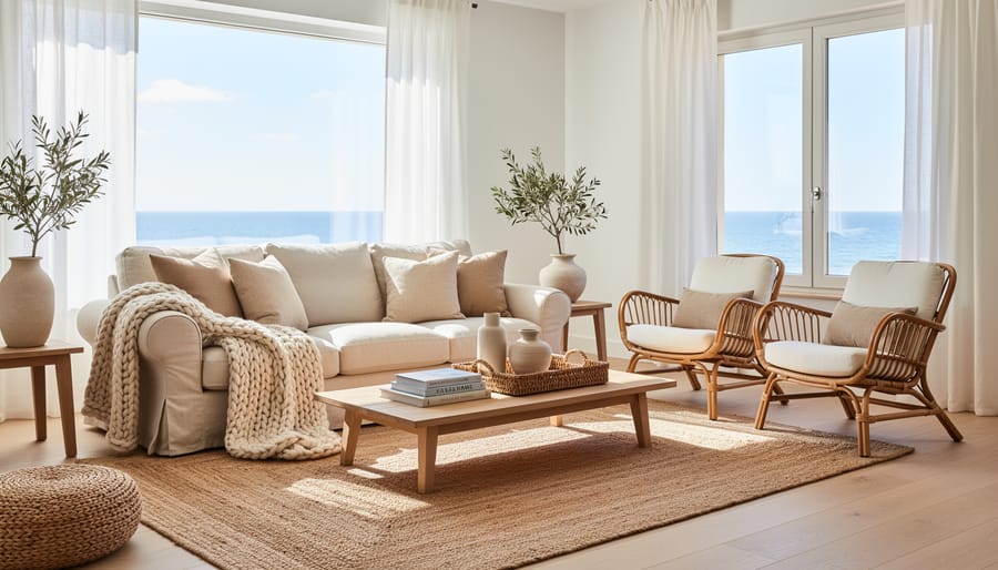 Sunlit coastal living room styled with linen textiles, rattan baskets, and neutral ceramics