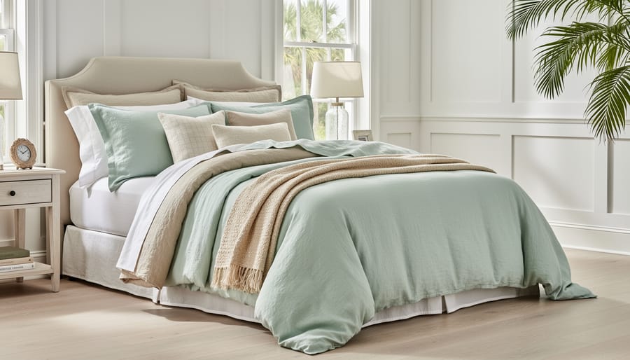 Close, angled view of linen bedding layered on a bed with neutral cushions in a coastal bedroom