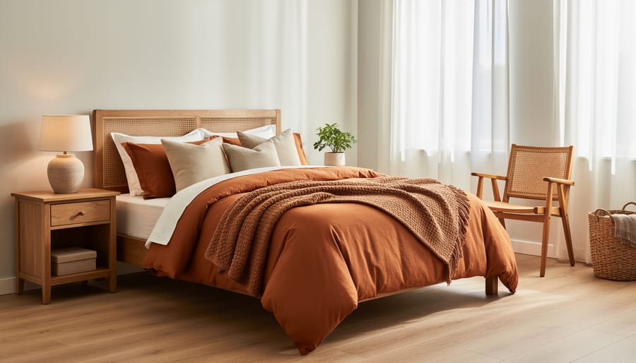 Bedroom with burnt orange bedding, light wood bed frame, rattan nightstand, and pottery lamp.