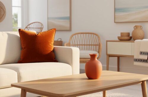 “Burnt orange velvet pillow and terracotta decor styled on a cream sofa in a bright coastal-inspired living room with soft golden light.”