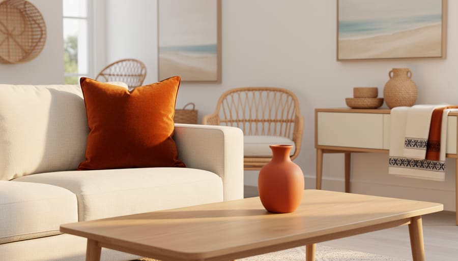 “Burnt orange velvet pillow and terracotta decor styled on a cream sofa in a bright coastal-inspired living room with soft golden light.”