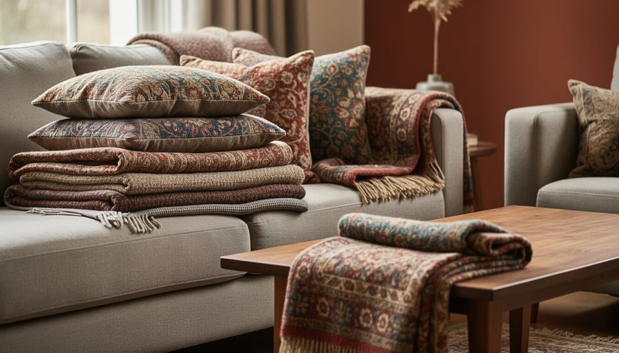 Close-up of layered traditional throw pillows and a blanket on a couch with damask, toile, and velvet textures.