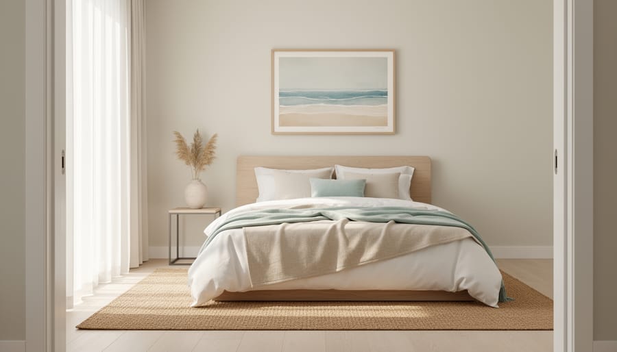 Coastal-inspired minimalist bedroom with crisp white linens, warm neutral tones, and soft morning light