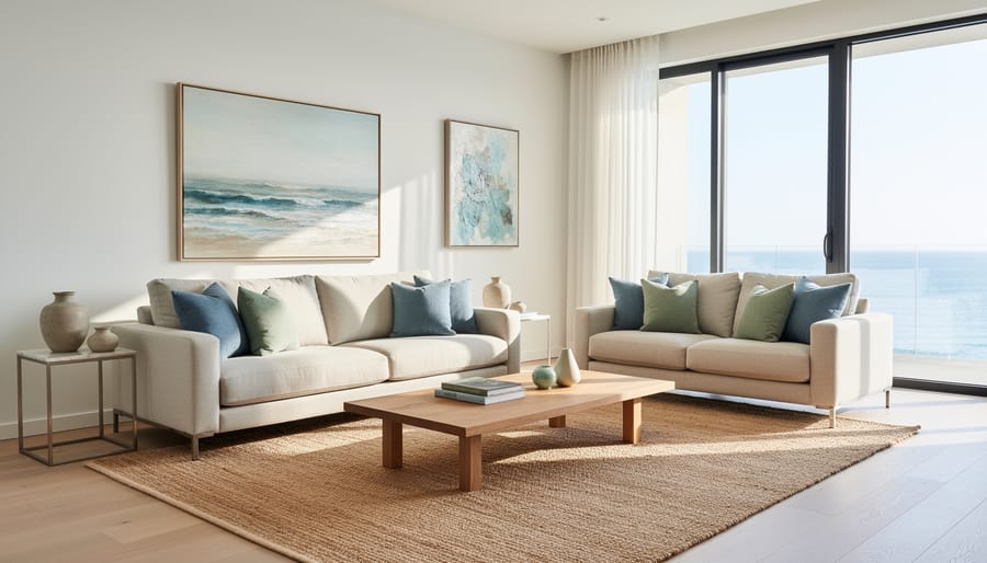 Coastal-modern dining nook with warm white walls, muted sage upholstery, and soft blue ceramics.