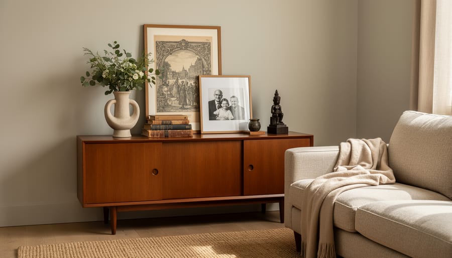 Cozy Southern living room corner with vintage chair, handcrafted pottery, coastal accents, and woven baskets
