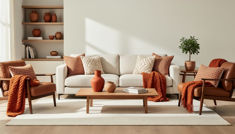 Cream living room with a brown sofa styled with burnt orange pillows, a throw blanket, and terracotta ceramics.