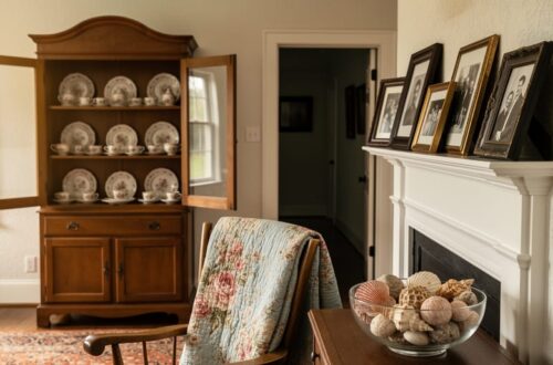Cozy Southern living room vignette with heirloom china in an open cabinet, framed family photos on the mantel, and curated keepsakes including a vintage quilt and seashells.
