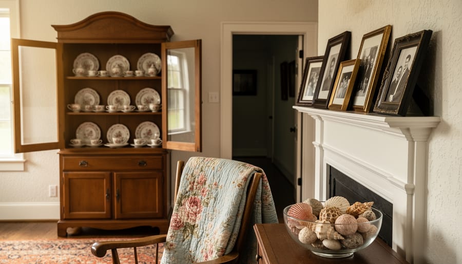 Cozy Southern living room vignette with heirloom china in an open cabinet, framed family photos on the mantel, and curated keepsakes including a vintage quilt and seashells.