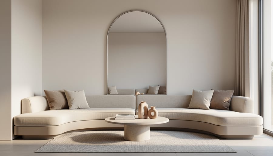 Curved modern sofa and rounded coffee table in a light-filled living room with an arched mirror.
