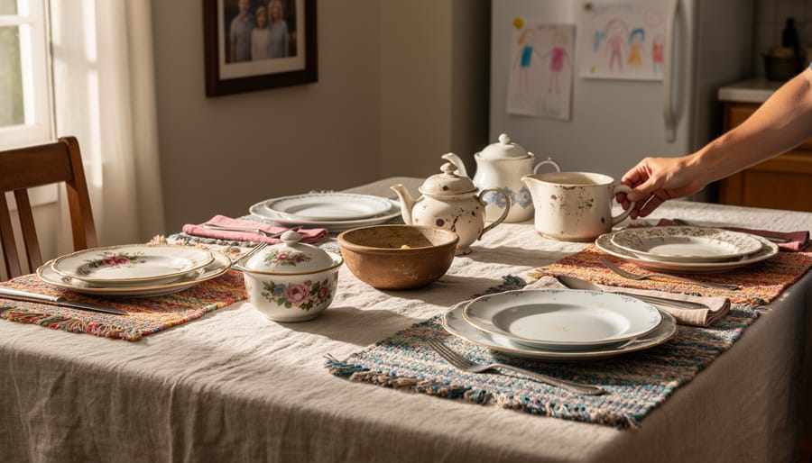 Dining table featuring mismatched heirloom china, handmade patchwork textiles, and linen napkins in warm golden light