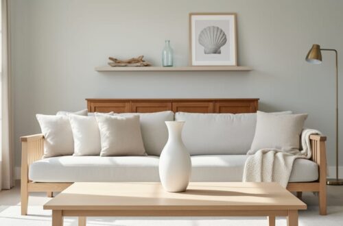 Bright Southern living room with neutral linen sofa cushions, a single sculptural vase on a clean coffee table, and an uncluttered shelf displaying a few coastal finds.