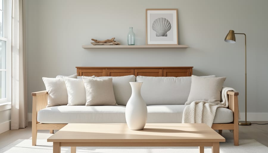Bright Southern living room with neutral linen sofa cushions, a single sculptural vase on a clean coffee table, and an uncluttered shelf displaying a few coastal finds.
