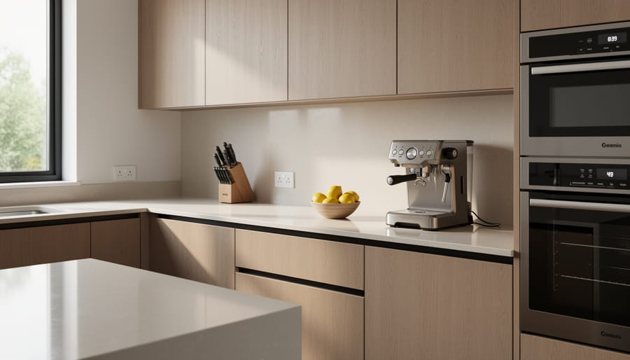 Minimalist kitchen counter with a single bowl, linen runner, warm wood cutting board, and soft sunlight