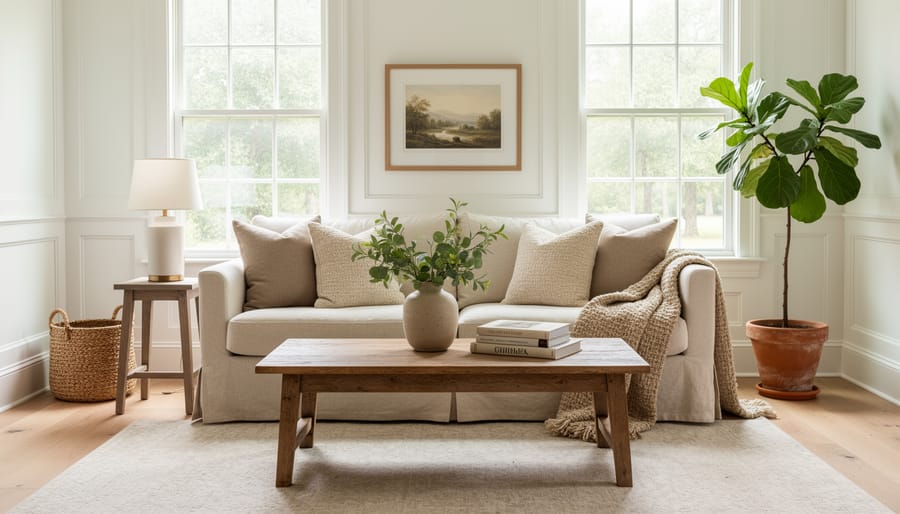 Minimalist Southern living room with neutral linens, light wood furniture, and one sculptural vase under soft daylight