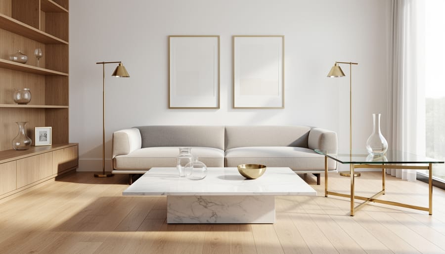 Mixed-material modern coffee table with marble surface, brass legs, and glass vase styling.