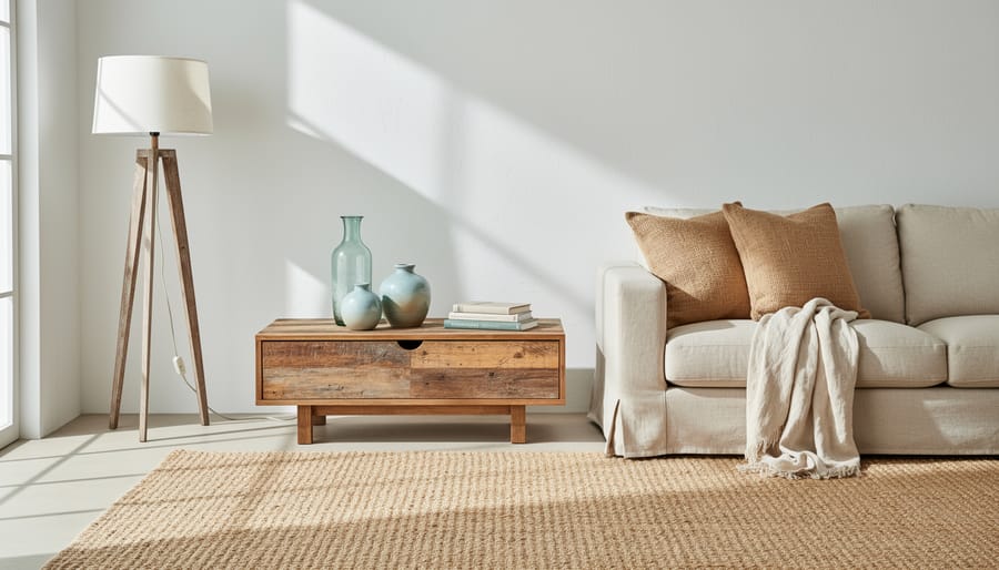 Modern coastal living room with linen sofa, jute rug, and reclaimed wood coffee table in warm neutral tones.