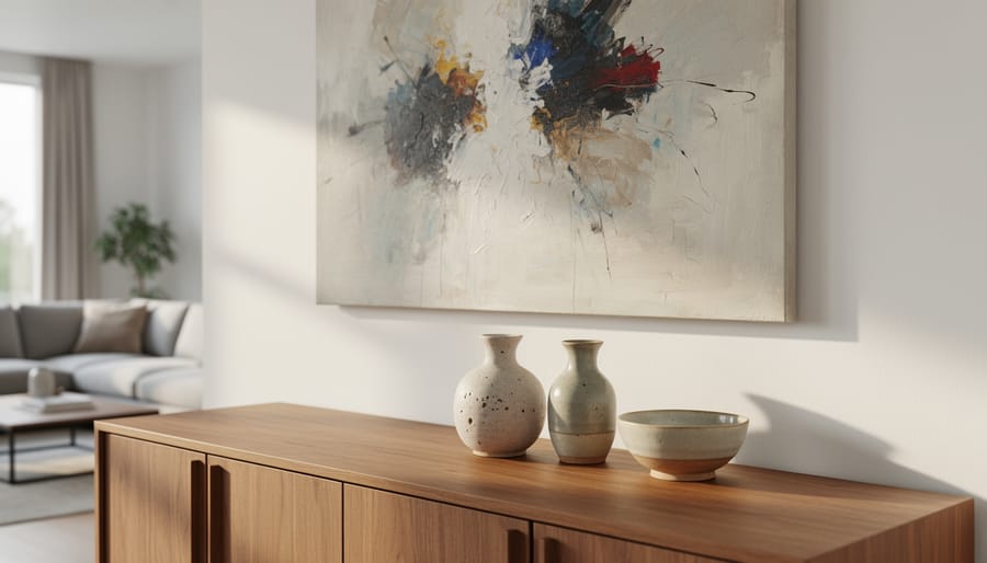 Modern console with original artwork and handmade ceramic vases styled with warm, coastal-inspired colors.