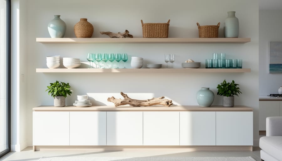 Modern open shelves with curated ceramics, books, and coastal decor in a bright room.