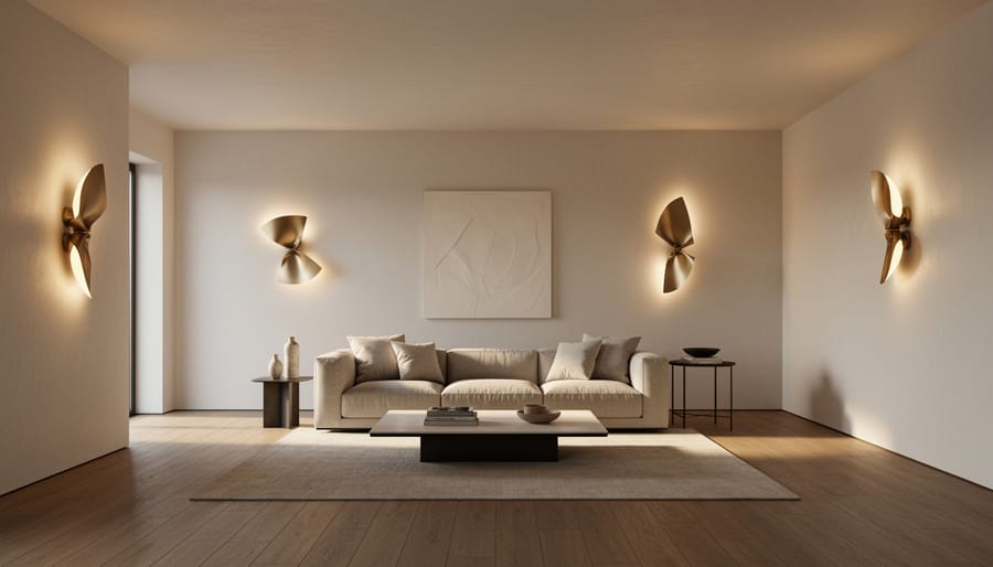 Modern sculptural pendant light and floor lamp glowing above a dining table in a neutral living space.