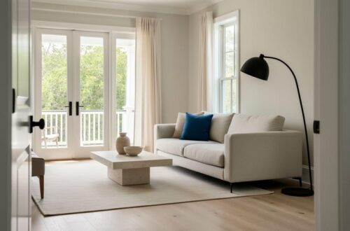 Sunlit modern coastal living room with neutral upholstery, a bold accent pillow, and a sculptural floor lamp in an uncluttered open layout.