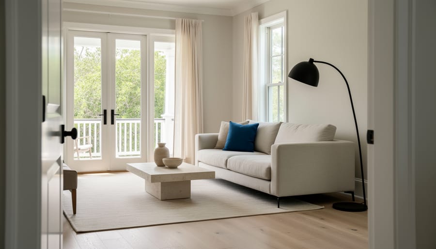 Sunlit modern coastal living room with neutral upholstery, a bold accent pillow, and a sculptural floor lamp in an uncluttered open layout.