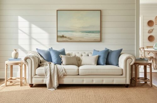 Sunlit traditional coastal living room with a cream tufted sofa, sisal rug, rattan side tables, and framed art above whitewashed shiplap.