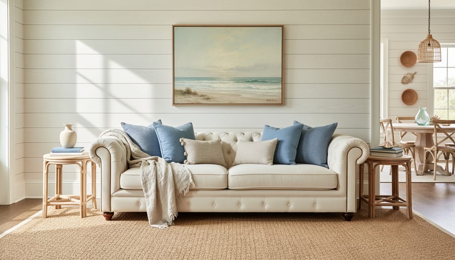 Sunlit traditional coastal living room with a cream tufted sofa, sisal rug, rattan side tables, and framed art above whitewashed shiplap.