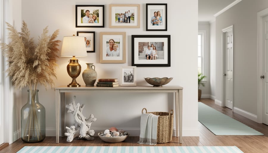 Southern entryway with a console table displaying family photographs, heirloom textiles, ceramic pottery, and sea-glass accents