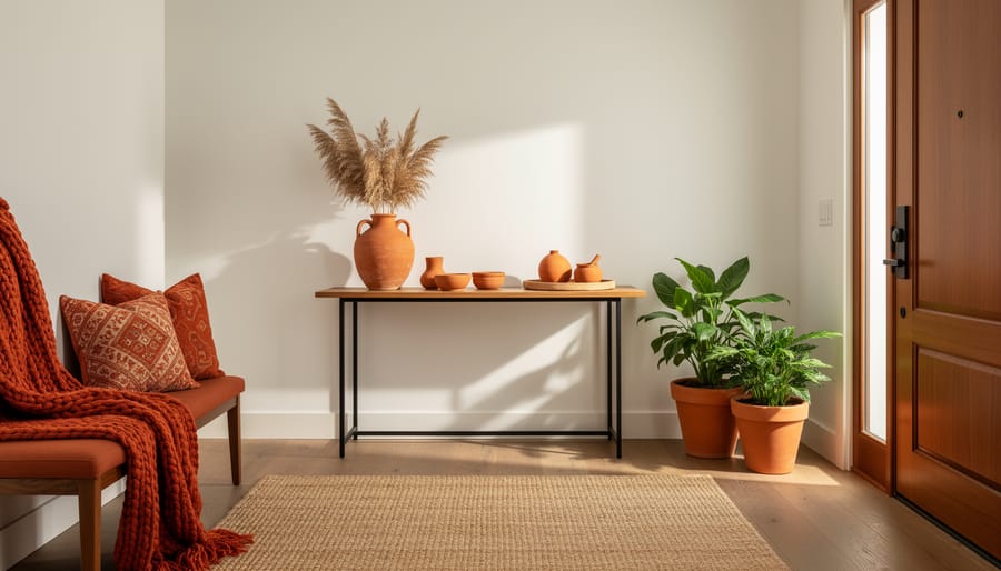 Styled home entryway with burnt orange terracotta planters, a console table, and a warm patterned runner rug.