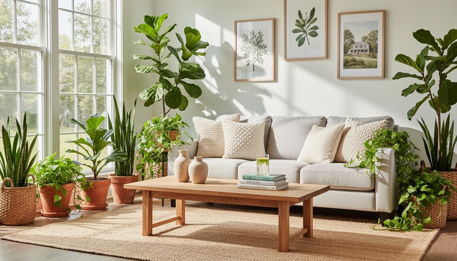 Sunlit living room with lush indoor plants and a vertical green wall feature.