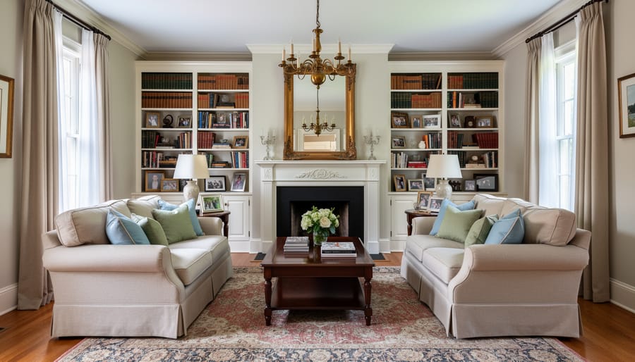 Symmetrical Southern living room with a camelback sofa, wingback chairs, carved wooden coffee table, and traditional lamps.