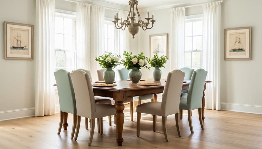 Traditional dining nook with a linen runner, hydrangeas in a ceramic vase, and a wood sideboard, styled with coastal-inspired accents.