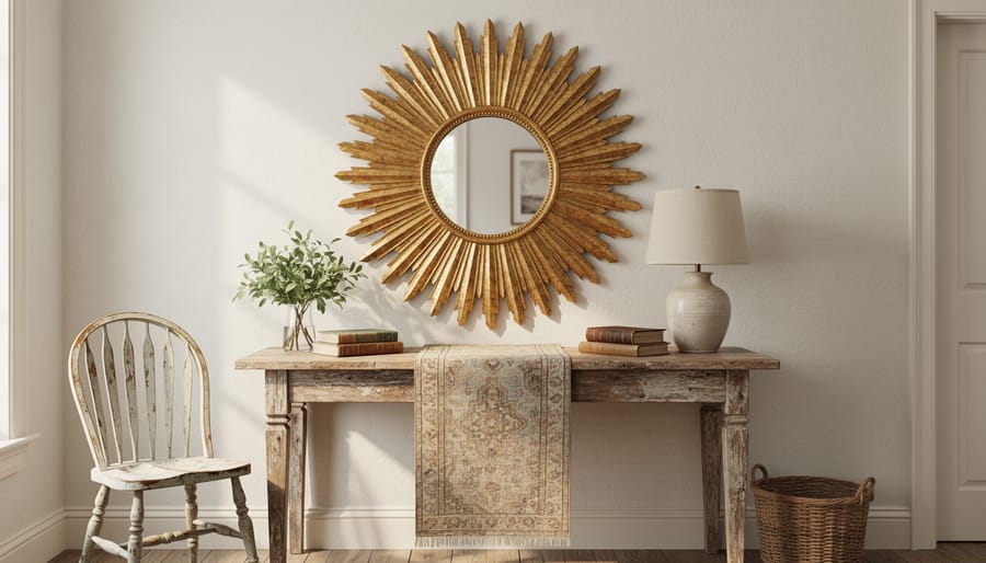 Antiqued gold sunburst mirror with distressed patina above a weathered console