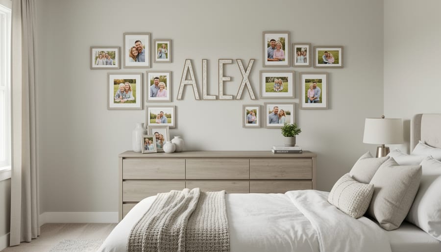 Cozy child’s bedroom wall with a personalized wooden name display and family photo frames above a neatly styled bed.