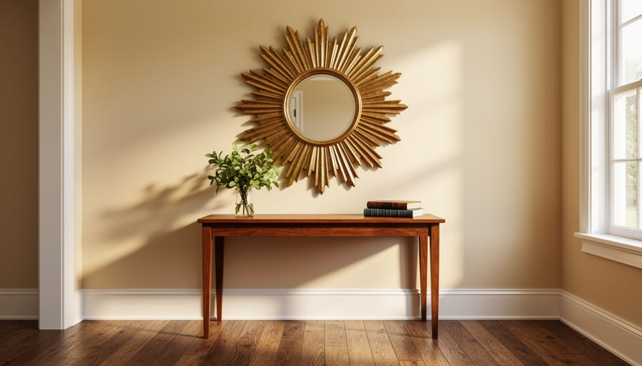 Classic brass sunburst mirror mounted above a console table in a Southern entryway