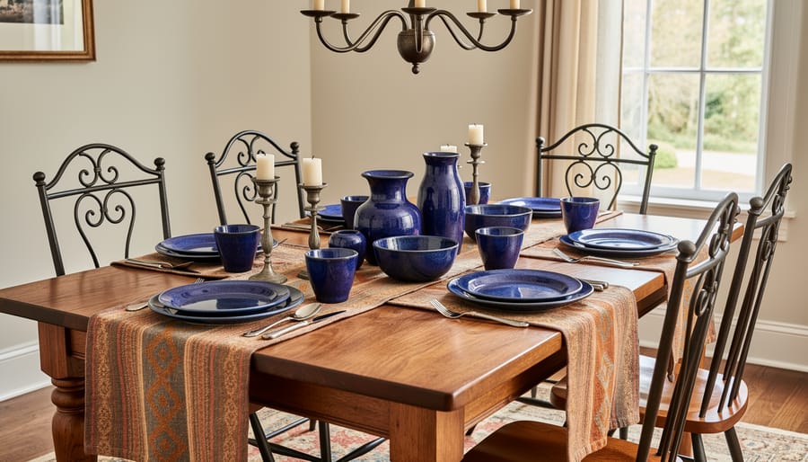 Colonial-inspired Southern dining room with oak sideboard, indigo ceramics, linen table runner, and wrought-iron candlesticks