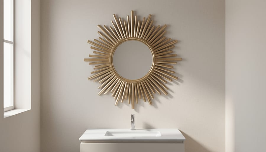 Compact gold sunburst mirror in a small powder room above a vanity