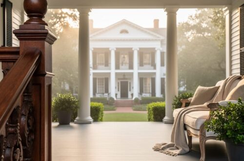 Georgian-style Southern manor house with symmetrical facade, white columns, shuttered windows, and an inviting porch featuring carved wood details and soft linen textiles in warm golden hour light.