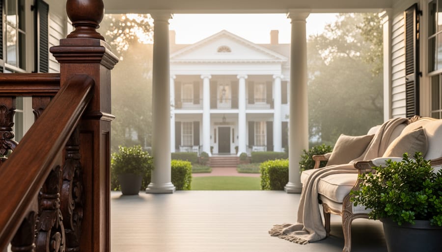 Georgian-style Southern manor house with symmetrical facade, white columns, shuttered windows, and an inviting porch featuring carved wood details and soft linen textiles in warm golden hour light.