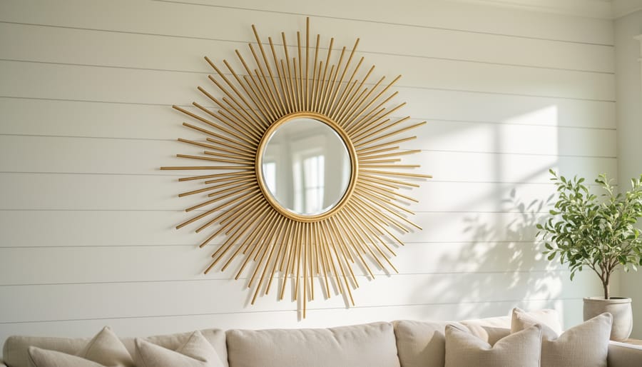 Gold sunburst mirror with radiating metal rays mounted on a whitewashed wall in a bright Southern coastal living room.