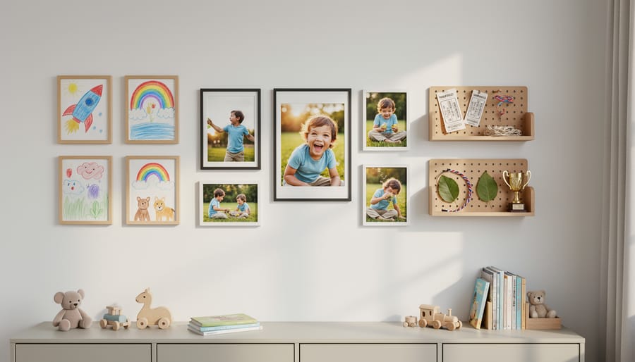A person’s hands placing framed children’s artwork into a gallery wall in a bright child’s bedroom.