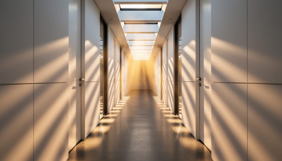 Layered multi-dimensional gold sunburst mirror on a hallway accent wall