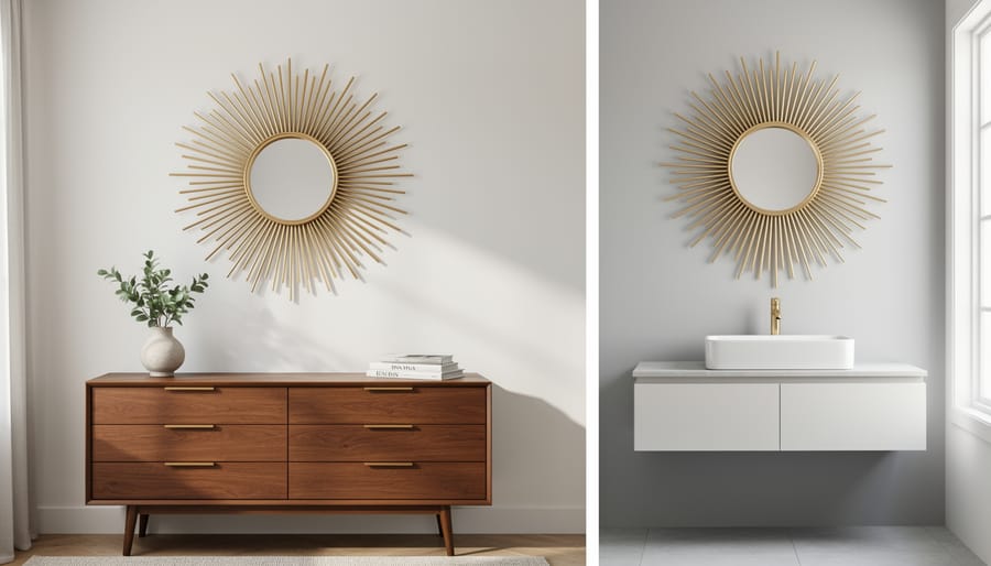 Mid-century modern gold burst mirror with geometric rays in a bedroom