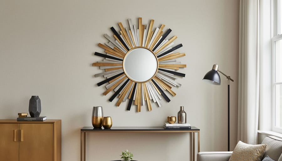 Mixed metal sunburst mirror with gold and silver or bronze accents in a transitional living room