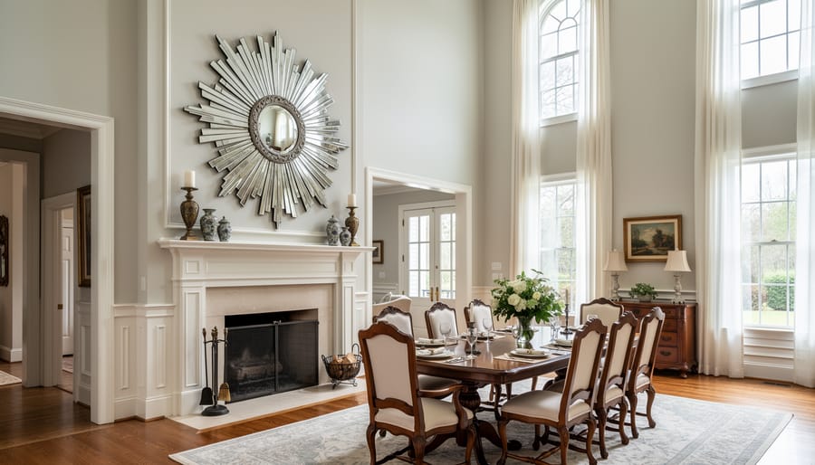 Oversized gold starburst mirror above a mantel in a dining room