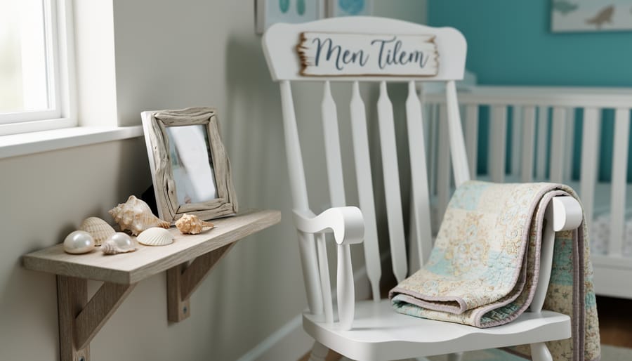 Cozy coastal-style nursery corner with a shelf of seashells, a driftwood-style frame, and a vintage quilt on a rocker near a crib.