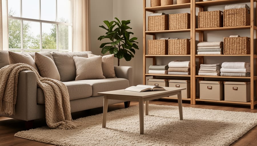 Sunlit reading corner in a child’s room with coordinated pillows and organized fabric storage bins.