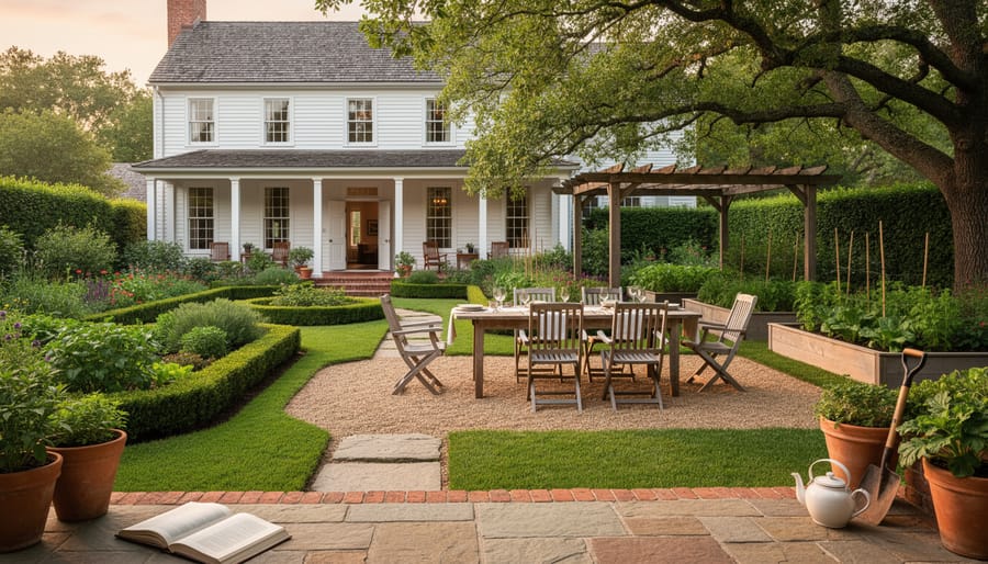 Southern colonial-style garden with brick pathway, manicured hedges, and a small kitchen vegetable plot